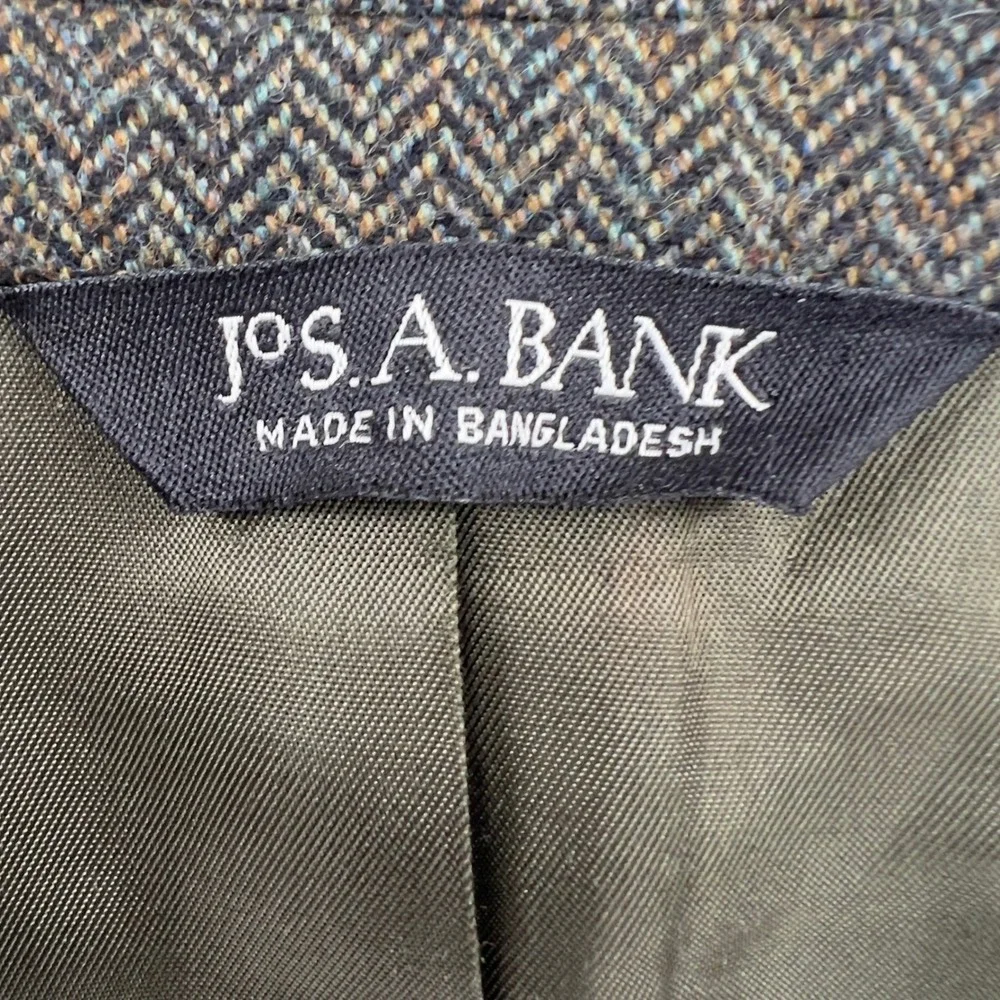 Jos. A. Bank Mens 42S Blazer Olive Green Herringbone 100% Wool Sport Coat